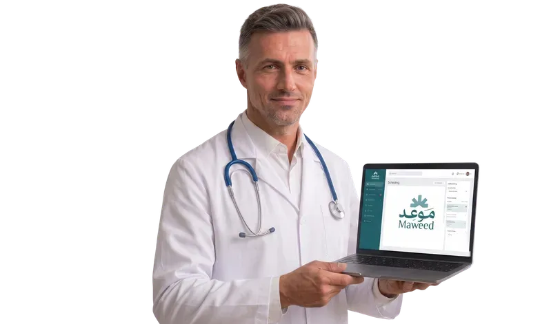 Doctor using Maweed in a bright clinic setting